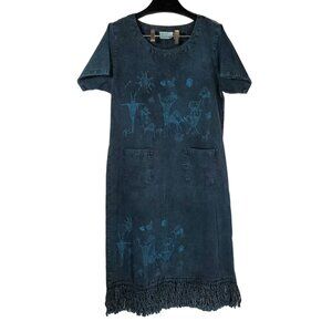VTG Charlotte Tribe Scene T-Shirt Dress Blue/Green Acid-Wash Denim Fringe Paint
